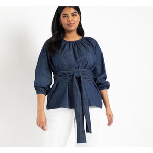 Eloquii Top Blouse Womens Size 20 Blue Wrap Long Sleeves Boho‎ Elevated Casual